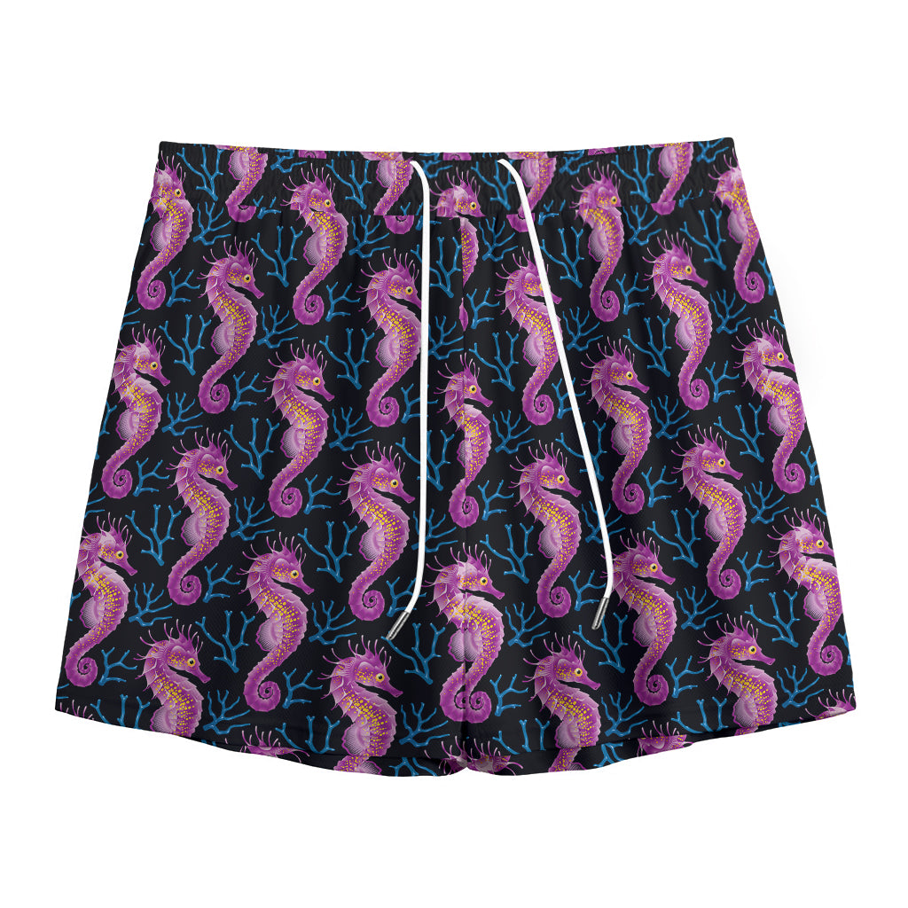 Purple Seahorse Pattern Print Mesh Shorts