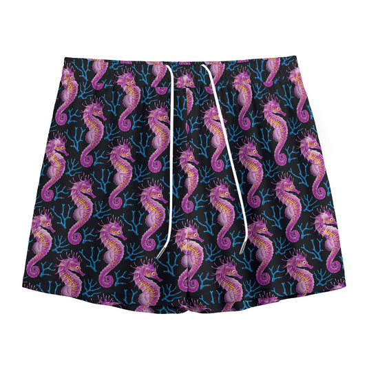 Purple Seahorse Pattern Print Mesh Shorts