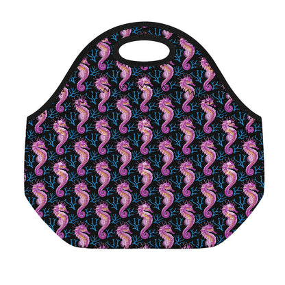 Purple Seahorse Pattern Print Neoprene Lunch Bag