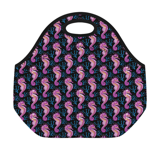 Purple Seahorse Pattern Print Neoprene Lunch Bag