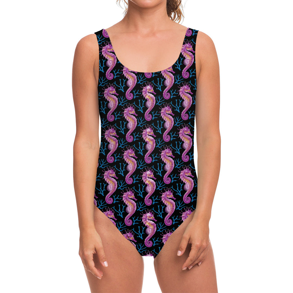 Purple Seahorse Pattern Print One Piece Swimsuit