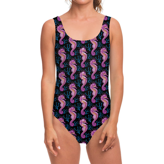 Purple Seahorse Pattern Print One Piece Swimsuit