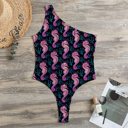 Purple Seahorse Pattern Print One Shoulder Bodysuit