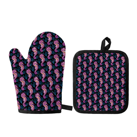 Purple Seahorse Pattern Print Oven Mitt And Pot Holder Set