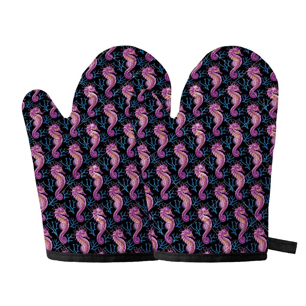 Purple Seahorse Pattern Print Oven Mitts