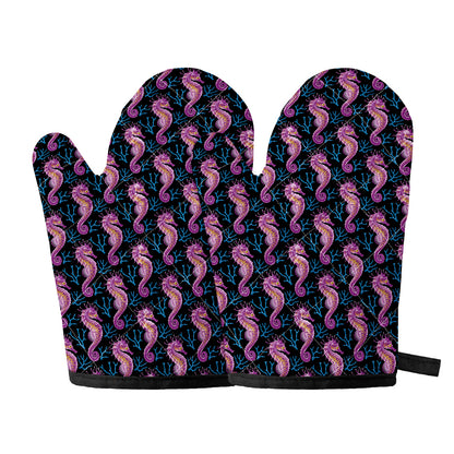 Purple Seahorse Pattern Print Oven Mitts
