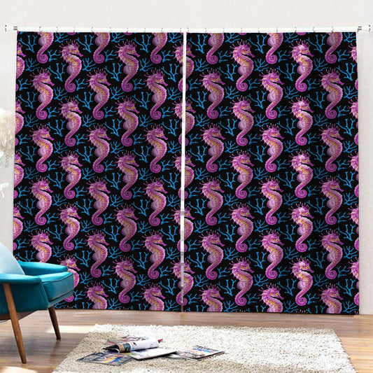 Purple Seahorse Pattern Print Pencil Pleat Curtains