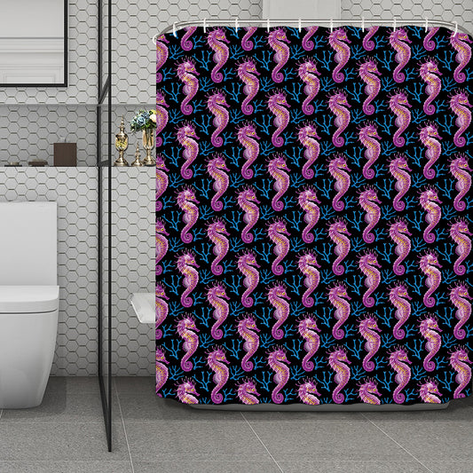 Purple Seahorse Pattern Print Polyester Shower Curtain