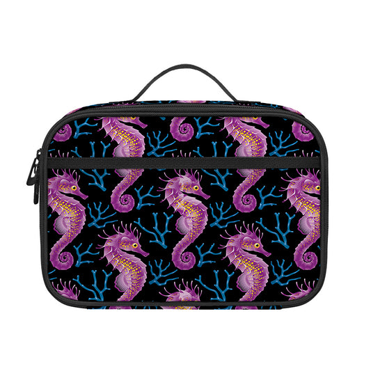 Purple Seahorse Pattern Print Portable Lunch Bag