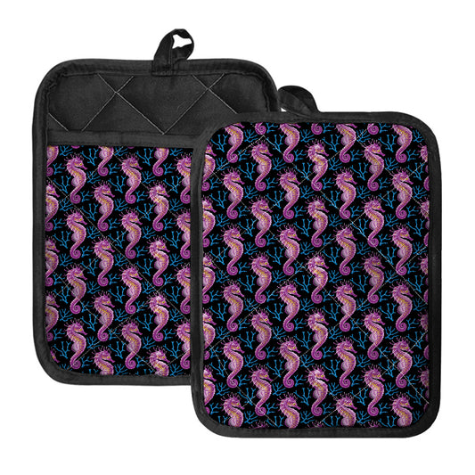 Purple Seahorse Pattern Print Pot Holders With Pocket