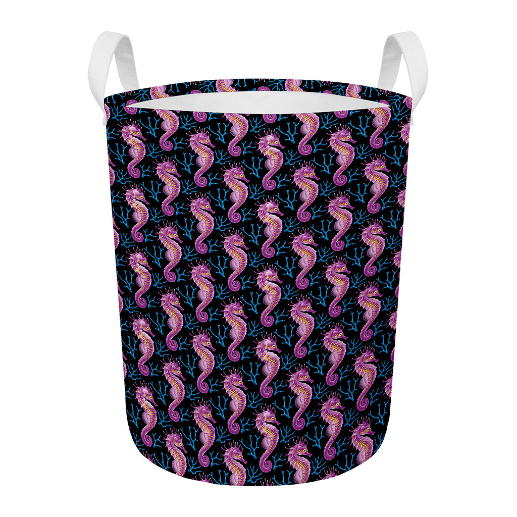 Purple Seahorse Pattern Print Round Laundry Basket