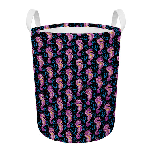 Purple Seahorse Pattern Print Round Laundry Basket