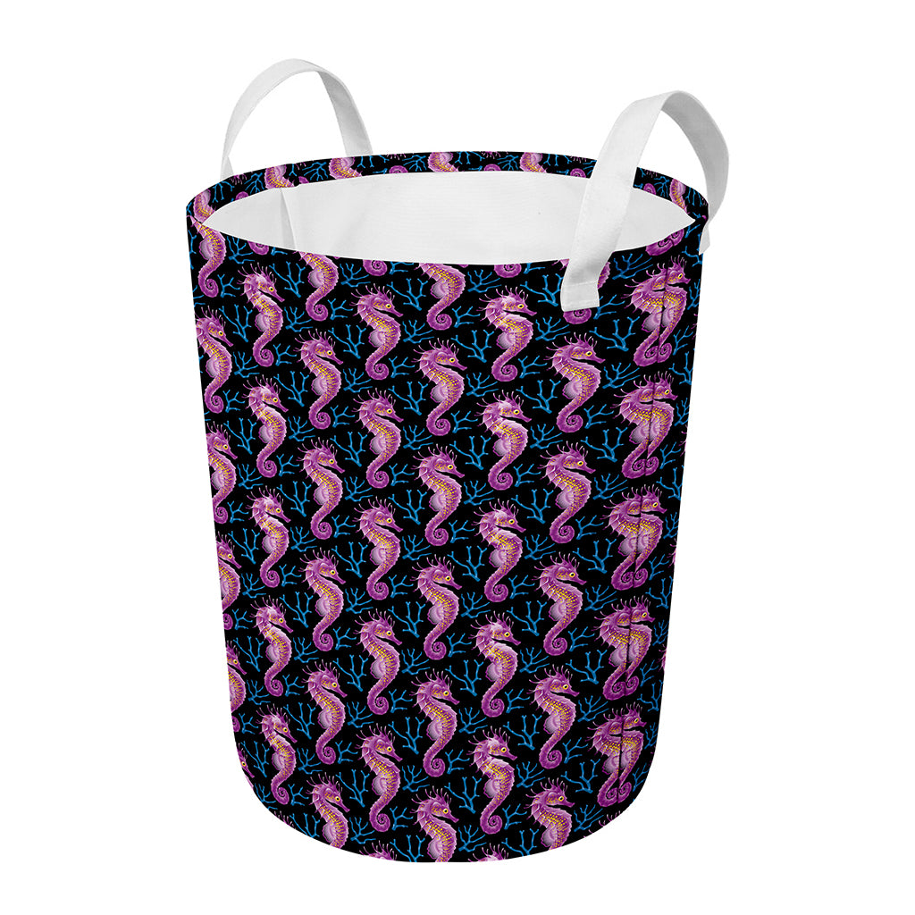 Purple Seahorse Pattern Print Round Laundry Basket