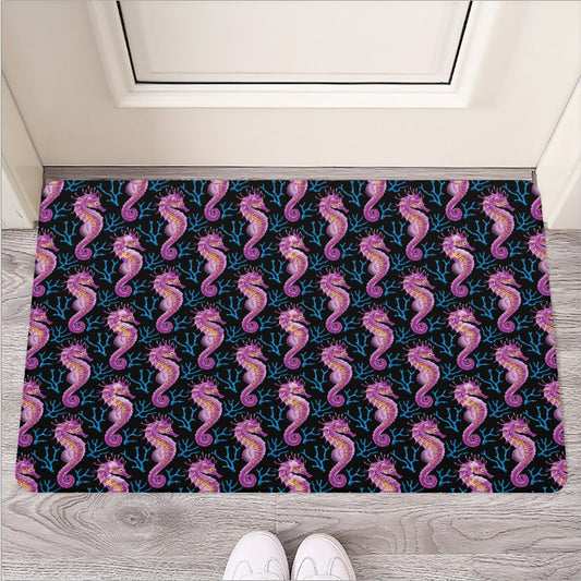 Purple Seahorse Pattern Print Rubber Doormat