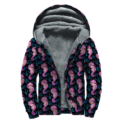 Purple Seahorse Pattern Print Sherpa Lined Zip Up Hoodie