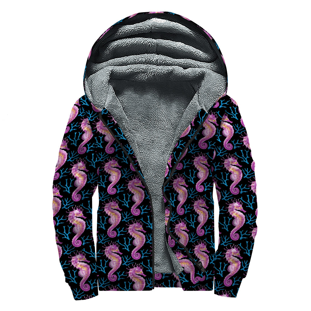 Purple Seahorse Pattern Print Sherpa Lined Zip Up Hoodie