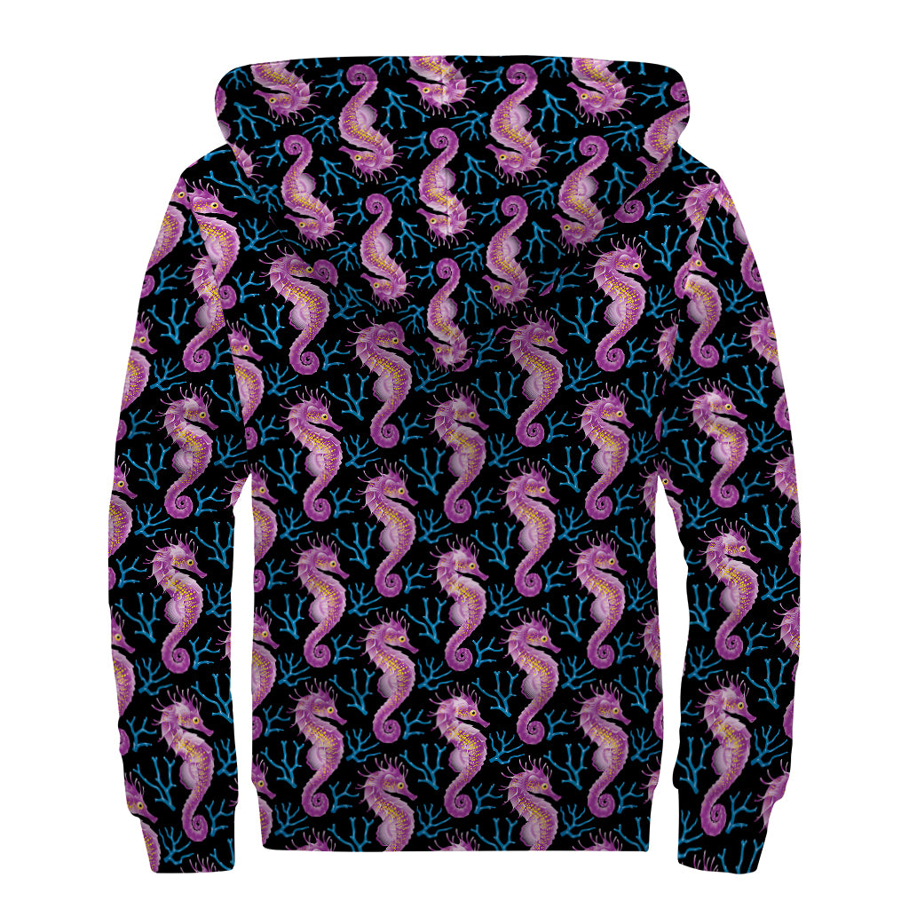 Purple Seahorse Pattern Print Sherpa Lined Zip Up Hoodie