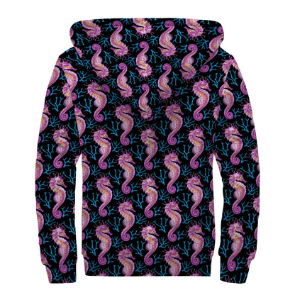 Purple Seahorse Pattern Print Sherpa Lined Zip Up Hoodie