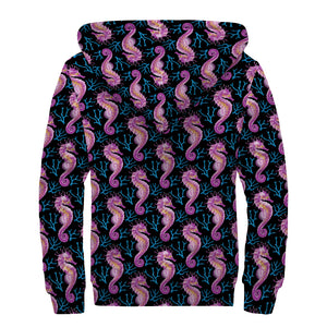 Purple Seahorse Pattern Print Sherpa Lined Zip Up Hoodie