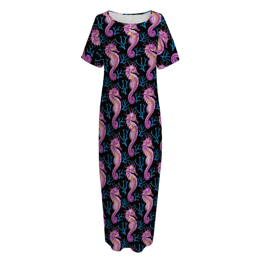 Purple Seahorse Pattern Print Short Sleeve Long Nightdress