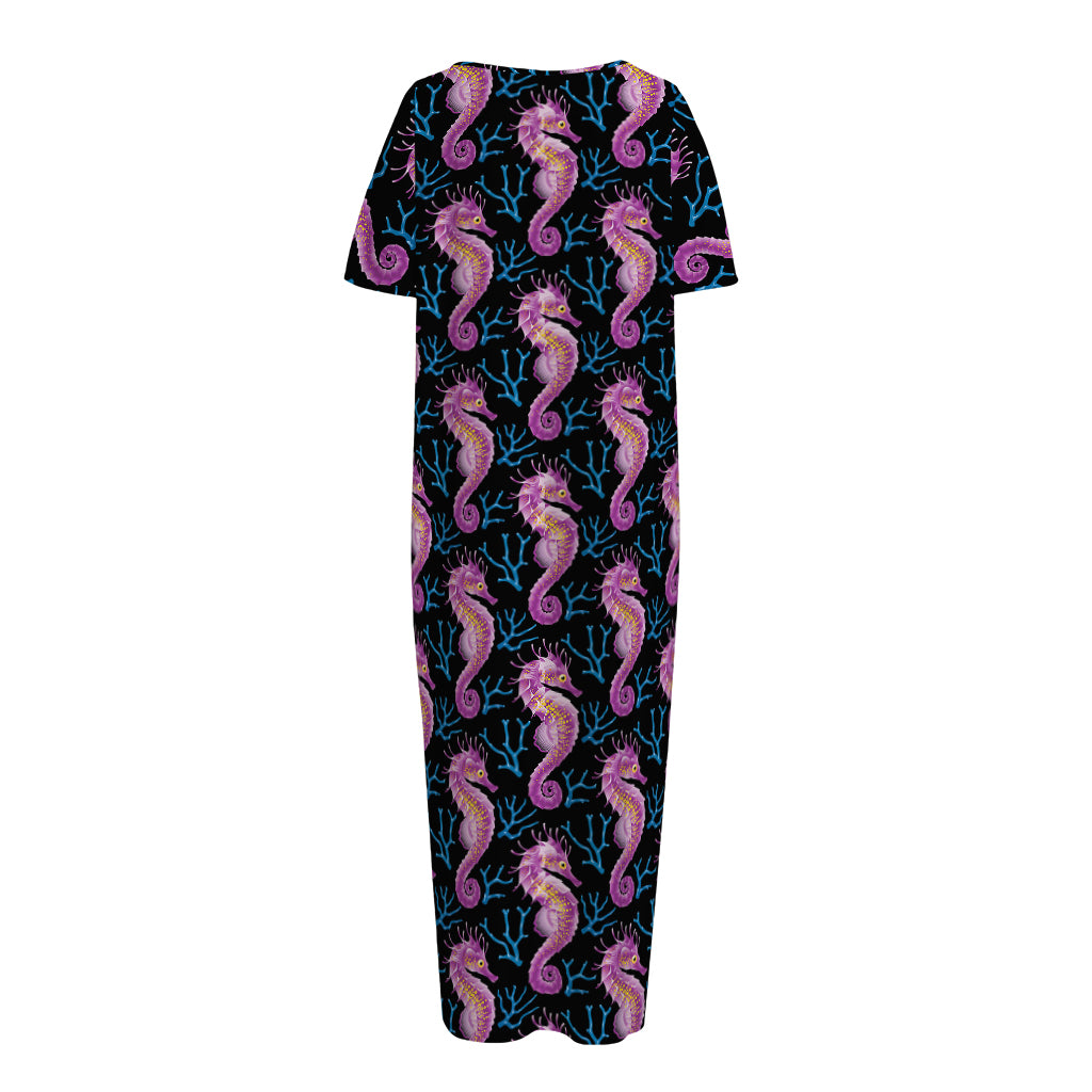 Purple Seahorse Pattern Print Short Sleeve Long Nightdress