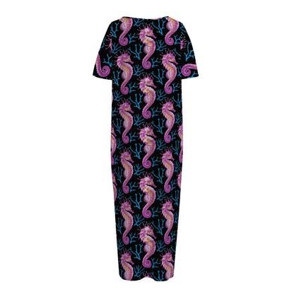 Purple Seahorse Pattern Print Short Sleeve Long Nightdress