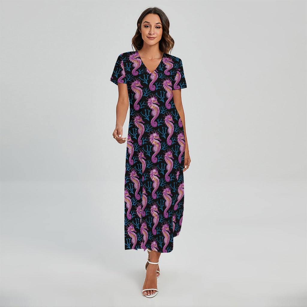 Purple Seahorse Pattern Print Short Sleeve Maxi Dress