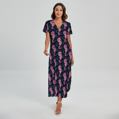 Purple Seahorse Pattern Print Short Sleeve Maxi Dress