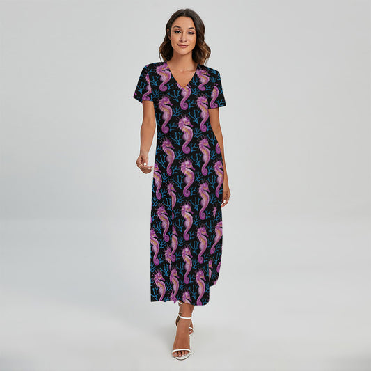 Purple Seahorse Pattern Print Short Sleeve Maxi Dress