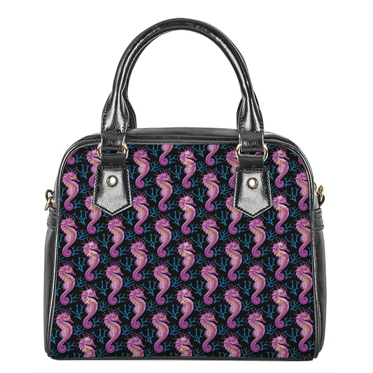 Purple Seahorse Pattern Print Shoulder Handbag
