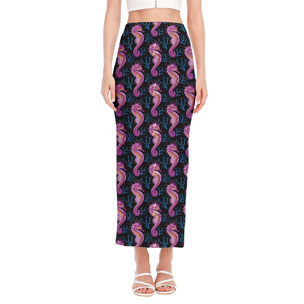Purple Seahorse Pattern Print Side Slit Maxi Skirt