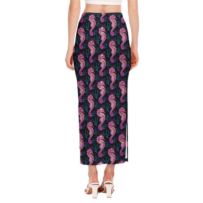 Purple Seahorse Pattern Print Side Slit Maxi Skirt