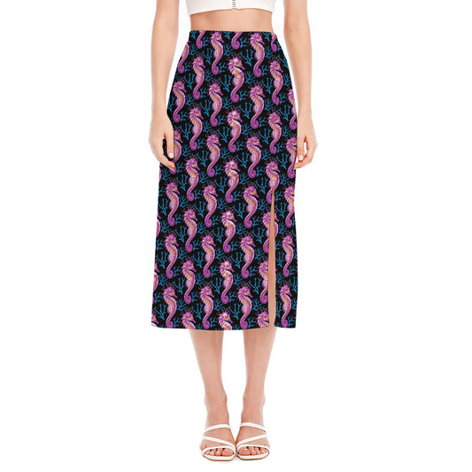 Purple Seahorse Pattern Print Side Slit Midi Skirt
