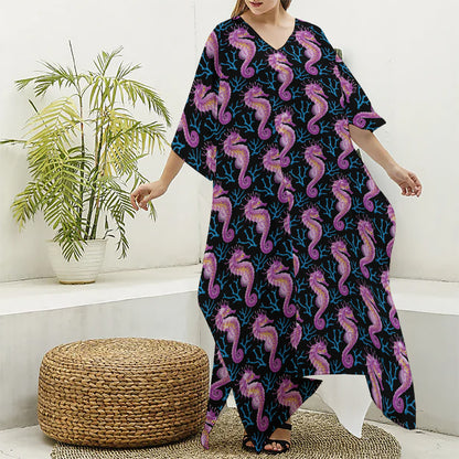 Purple Seahorse Pattern Print Silk V-Neck Kaftan Dress
