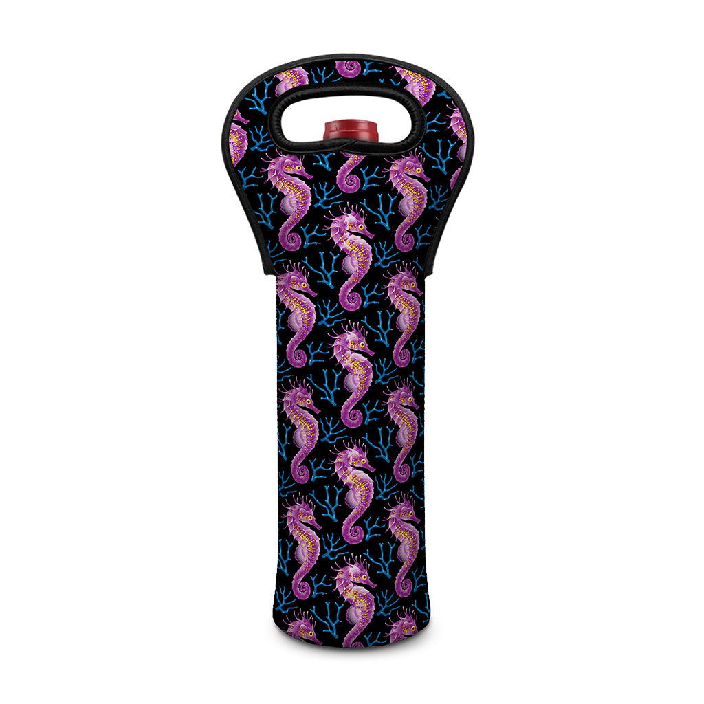 Purple Seahorse Pattern Print Single Neoprene Wine Tote