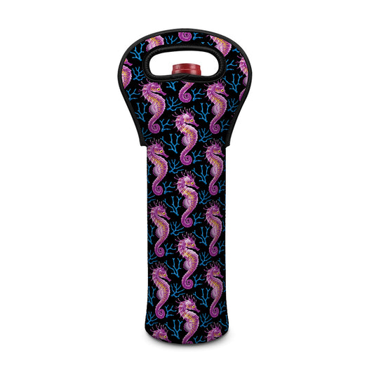 Purple Seahorse Pattern Print Single Neoprene Wine Tote