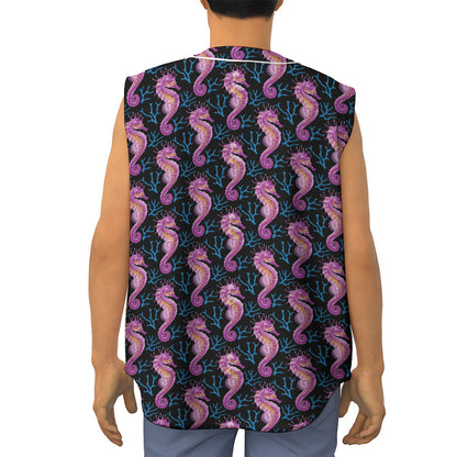 Purple Seahorse Pattern Print Sleeveless Baseball Jersey