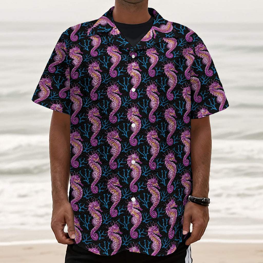 Purple Seahorse Pattern Print Textured Short Sleeve Shirt