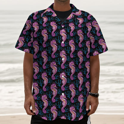 Purple Seahorse Pattern Print Textured Short Sleeve Shirt