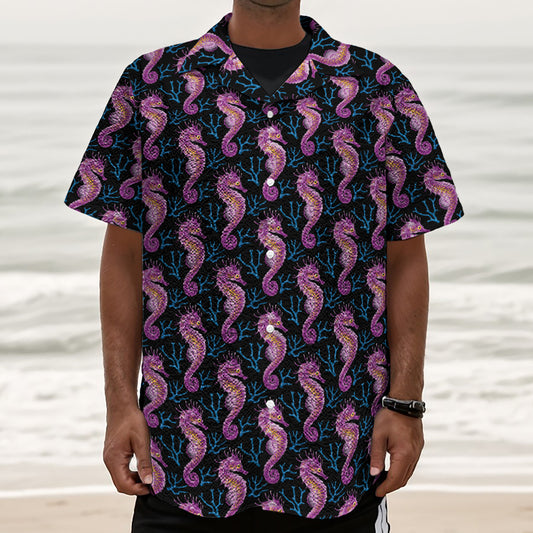 Purple Seahorse Pattern Print Textured Short Sleeve Shirt