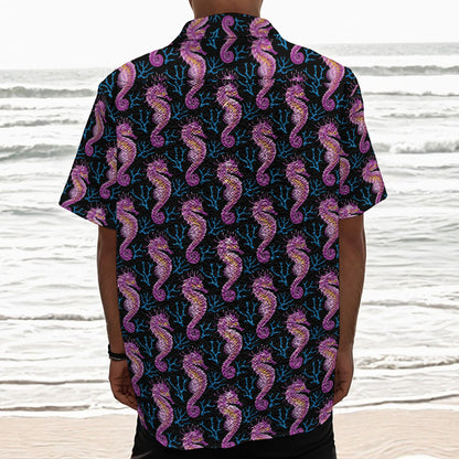 Purple Seahorse Pattern Print Textured Short Sleeve Shirt
