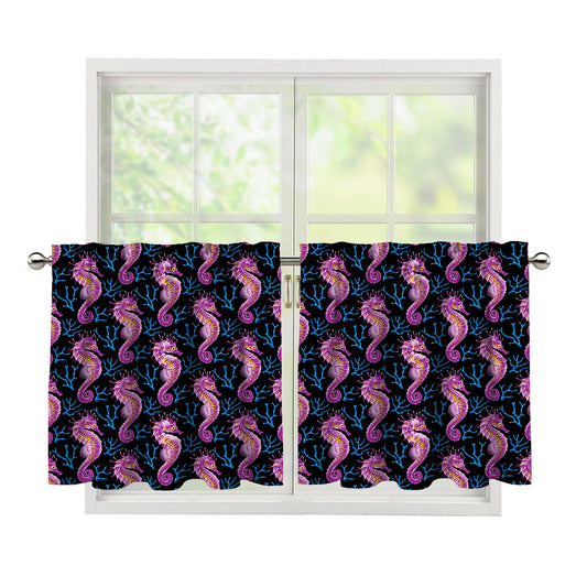 Purple Seahorse Pattern Print Tier Curtains