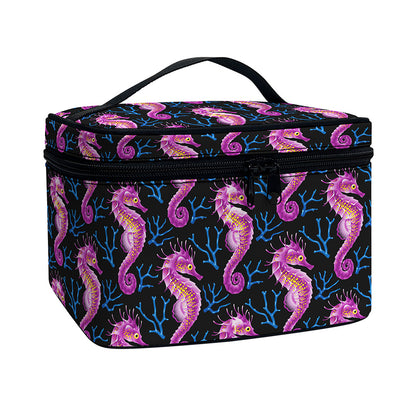 Purple Seahorse Pattern Print Travel Makeup Bag
