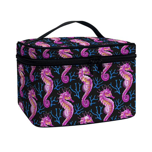 Purple Seahorse Pattern Print Travel Makeup Bag