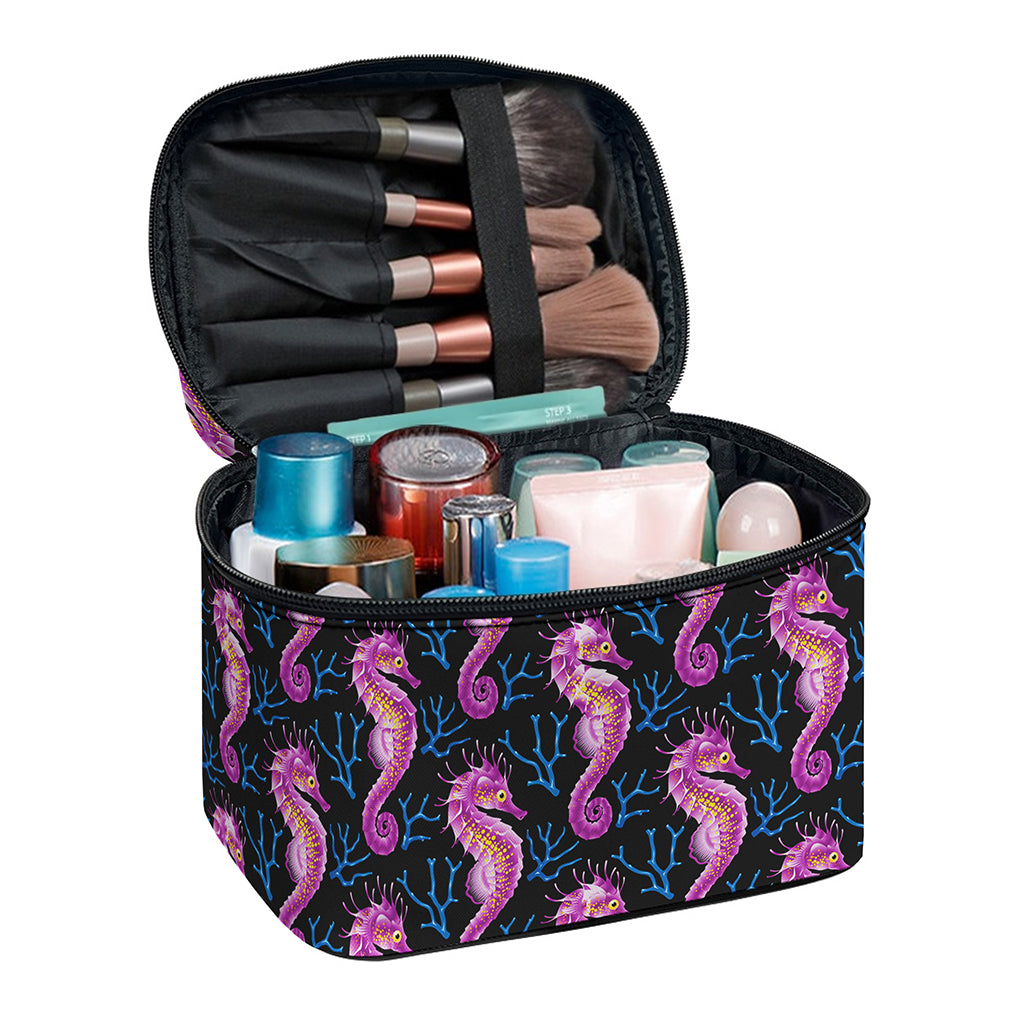 Purple Seahorse Pattern Print Travel Makeup Bag
