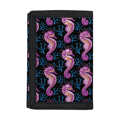 Purple Seahorse Pattern Print Trifold Wallet