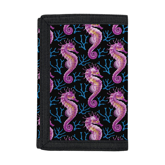 Purple Seahorse Pattern Print Trifold Wallet