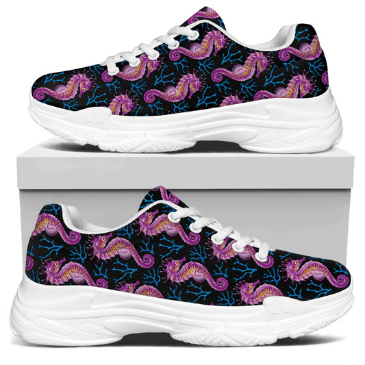 Purple Seahorse Pattern Print White Chunky Shoes