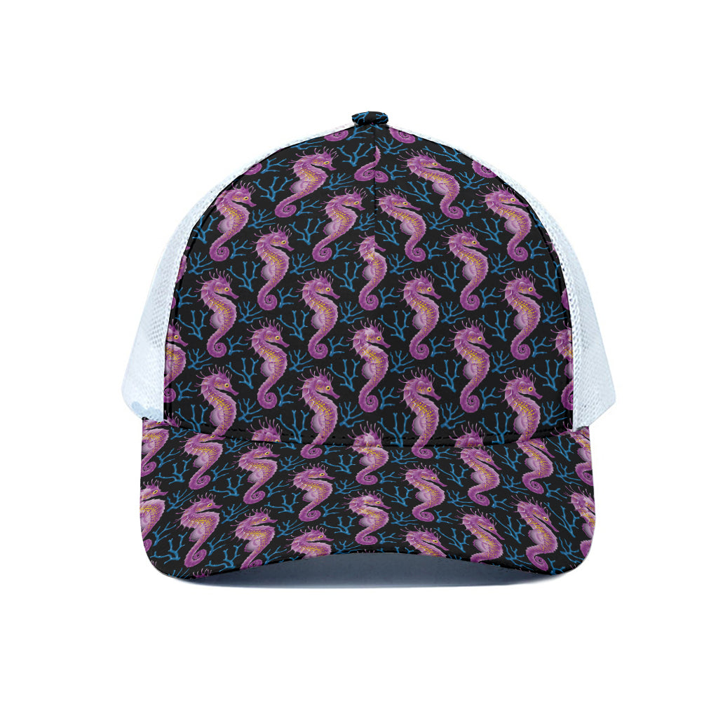 Purple Seahorse Pattern Print White Mesh Trucker Cap
