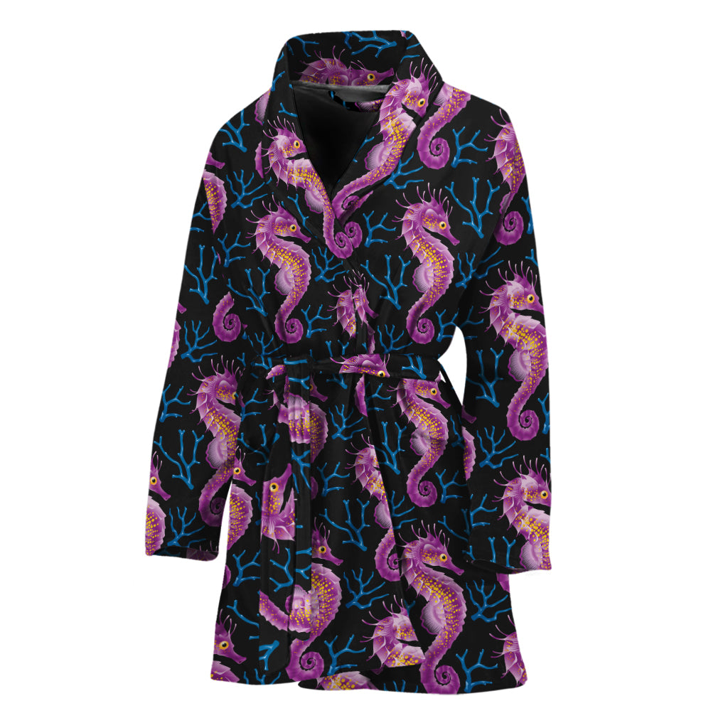 Purple Seahorse Pattern Print Women's Bathrobe